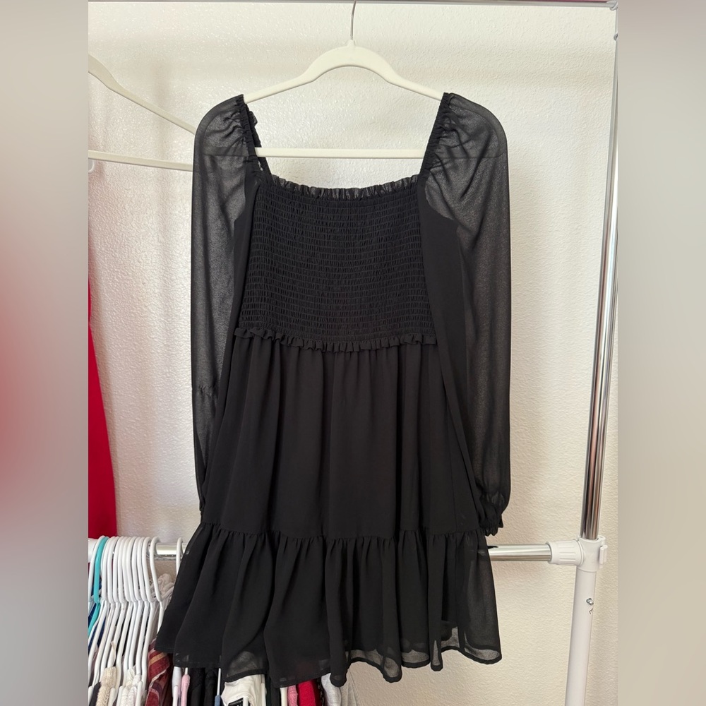 Black Women's Dress with Sheer Sleeves and Ruched Bodice